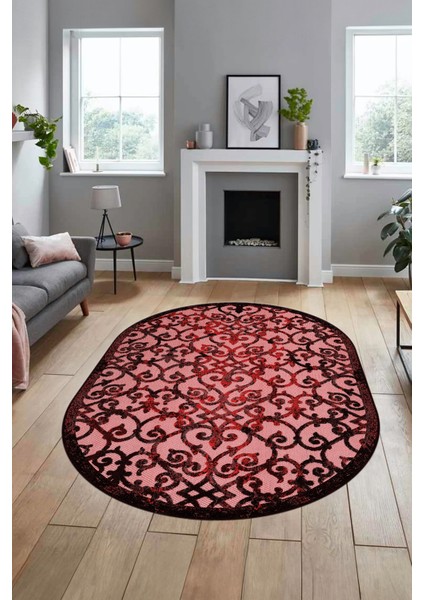 Modern Klasik Desen Dijital Kaymaz Yıkanabilir Oval Yolluk Mutfak Salon Halısı O-Modern-32-Bordo