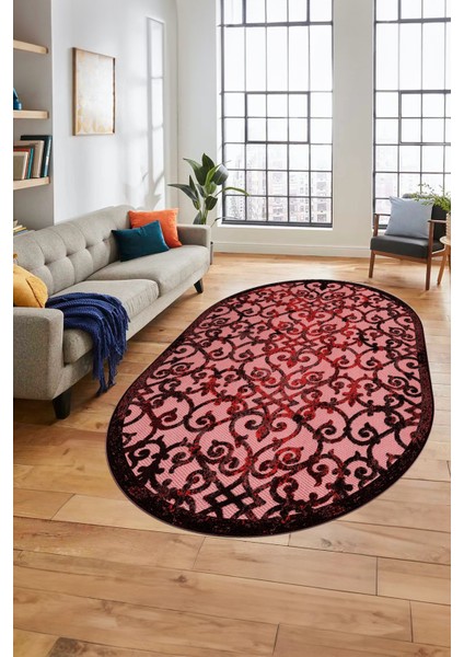 Modern Klasik Desen Dijital Kaymaz Yıkanabilir Oval Yolluk Mutfak Salon Halısı O-Modern-32-Bordo modelleri