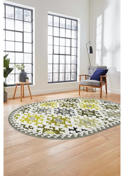 Etnik Modern Desenli Dijital Kaymaz Yıkanabilir Oval Yolluk Mutfak Salon Halısı O-Modern-14-Sarı fiyatları