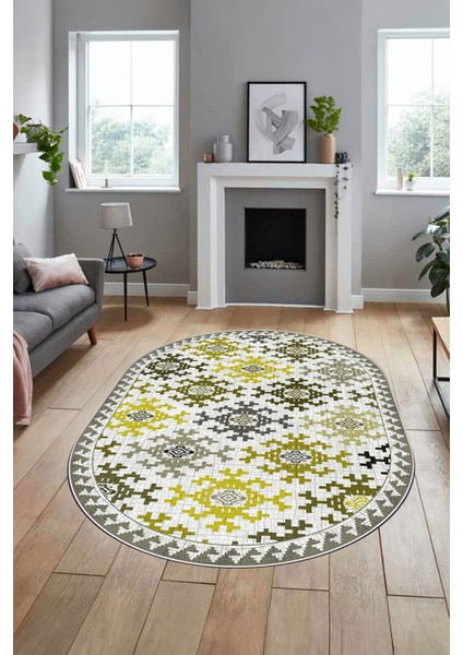 Etnik Modern Desenli Dijital Kaymaz Yıkanabilir Oval Yolluk Mutfak Salon Halısı O-Modern-14-Sarı modelleri