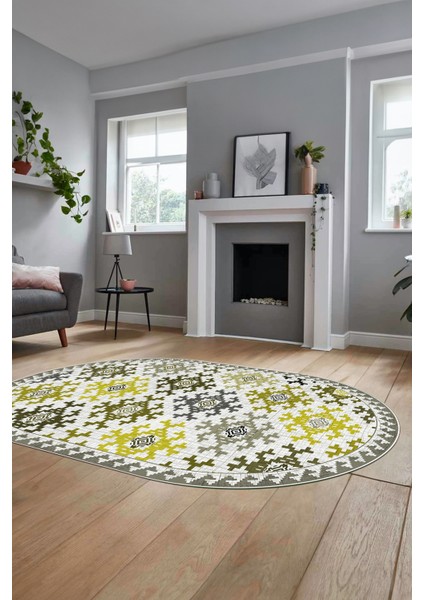 Etnik Modern Desenli Dijital Kaymaz Yıkanabilir Oval Yolluk Mutfak Salon Halısı O-Modern-14-Sarı fırsatları