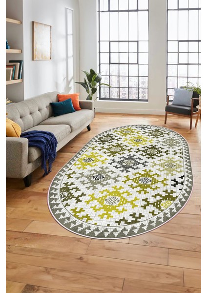 Etnik Modern Desenli Dijital Kaymaz Yıkanabilir Oval Yolluk Mutfak Salon Halısı O-Modern-14-Sarı indirimleri