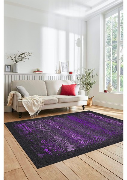 Sade Modern Desen Dijital Kaymaz Yıkanabilir Yolluk Mutfak Salon Halısı Modern-28-Mor
