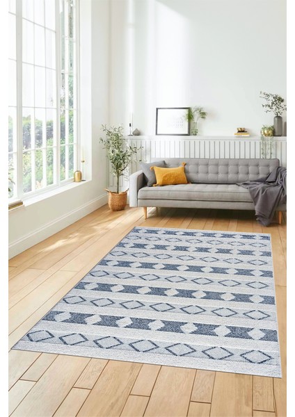 Baskılı Kaymaz Yıkanabilir Kilim Desen Yolluk Mutfak Halısı Salon Halısı Modern-64-Mavi