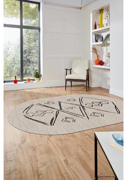 Baskılı Kaymaz Yıkanabilir Şık Modern Oval Yolluk Mutfak Halısı Salon Halısı O-Modern-59-Bej indirimleri