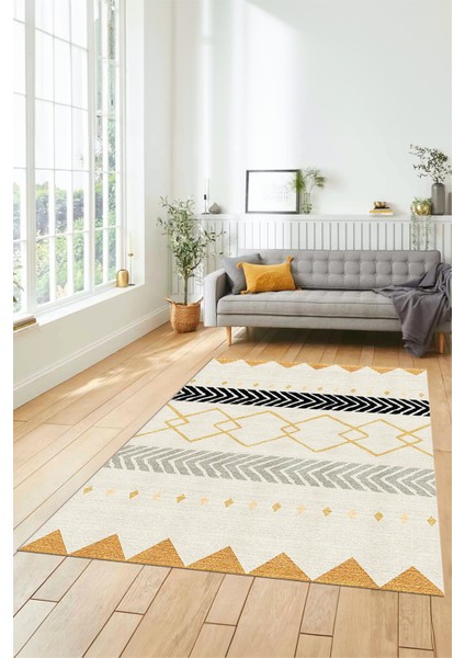 Sade Modern Kilim Desenli Dijital Kaymaz Yıkanabilir Yolluk Mutfak Salon Halısı Modern-75-Krem