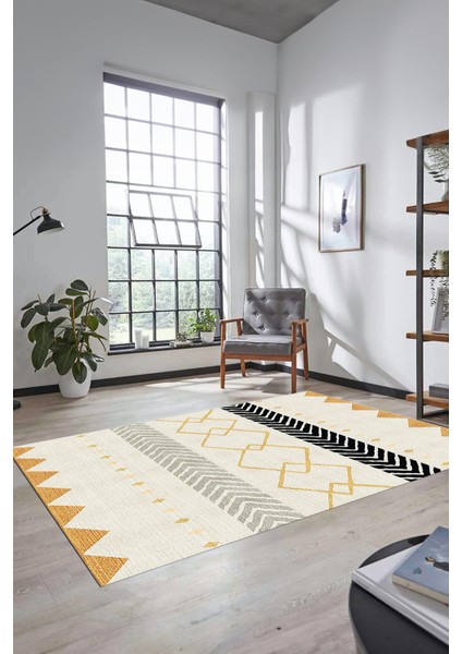 Sade Modern Kilim Desenli Dijital Kaymaz Yıkanabilir Yolluk Mutfak Salon Halısı Modern-75-Krem fırsatları