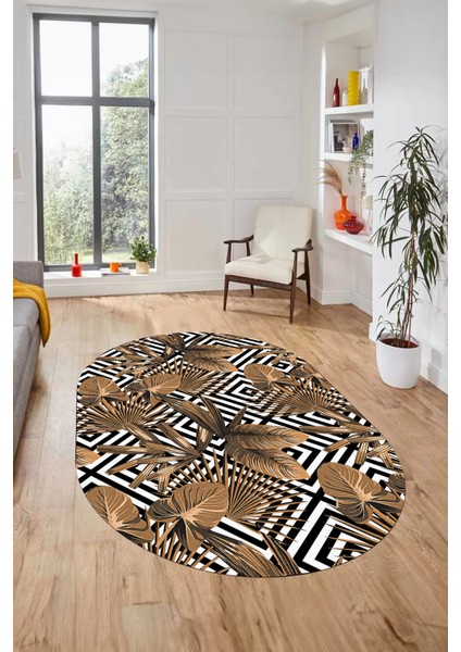 Yaprak Desen Baskılı Kaymaz Taban Yıkanabilir Modern Oval Yolluk Salon Halısı O-MODERN-100-KAHVE