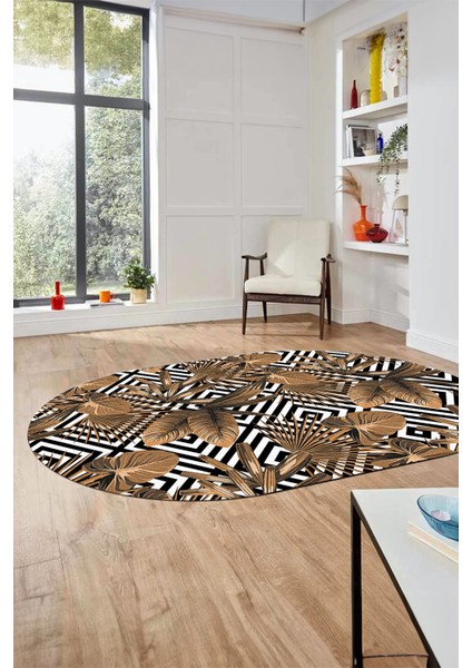 Yaprak Desen Baskılı Kaymaz Taban Yıkanabilir Modern Oval Yolluk Salon Halısı O-MODERN-100-KAHVE fiyatları