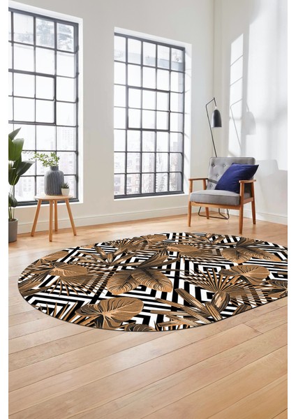 Yaprak Desen Baskılı Kaymaz Taban Yıkanabilir Modern Oval Yolluk Salon Halısı O-MODERN-100-KAHVE fırsatları