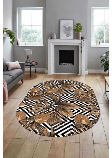 Yaprak Desen Baskılı Kaymaz Taban Yıkanabilir Modern Oval Yolluk Salon Halısı O-MODERN-100-KAHVE indirimleri