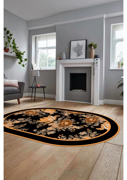 Çiçek Desenli Dijital Kaymaz Yıkanabilir Oval Yolluk Mutfak Salon Halısı O-Modern-16-Kahve modelleri