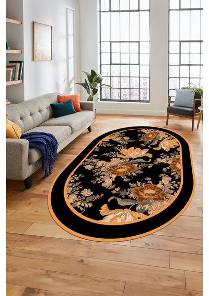 Çiçek Desenli Dijital Kaymaz Yıkanabilir Oval Yolluk Mutfak Salon Halısı O-Modern-16-Kahve fırsatları
