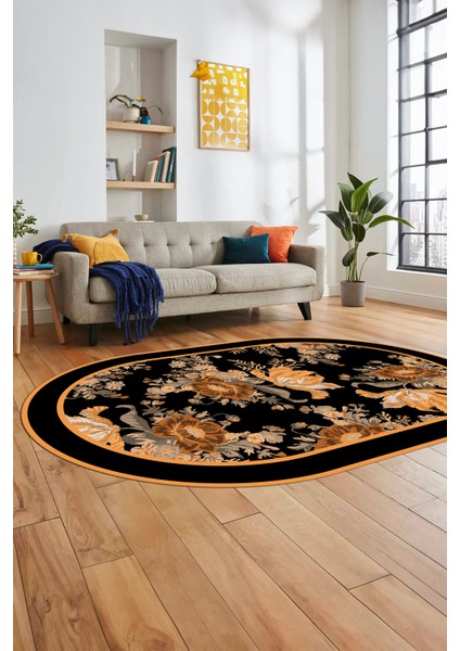 Çiçek Desenli Dijital Kaymaz Yıkanabilir Oval Yolluk Mutfak Salon Halısı O-Modern-16-Kahve indirimleri