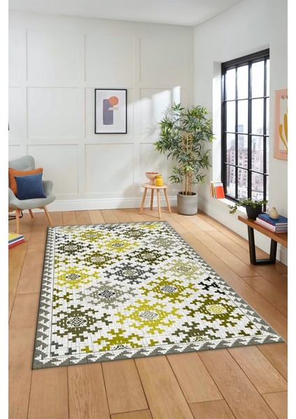 Etnik Modern Desenli Dijital Kaymaz Yıkanabilir Yolluk Mutfak Salon Halısı Modern-14-Sarı