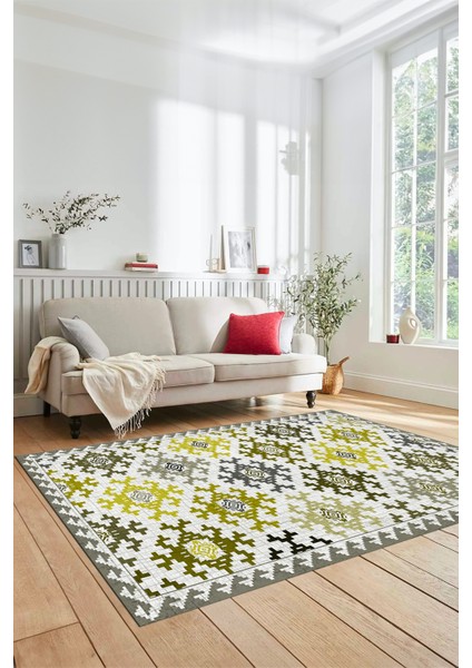 Etnik Modern Desenli Dijital Kaymaz Yıkanabilir Yolluk Mutfak Salon Halısı Modern-14-Sarı fırsatları