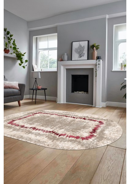 Modern Sade Desenli Dijital Kaymaz Yıkanabilir Oval Yolluk Salon Halısı O-Modern-37-Bordo fiyatları