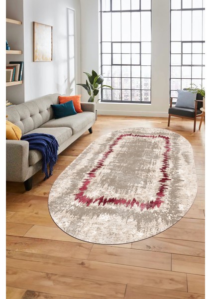 Modern Sade Desenli Dijital Kaymaz Yıkanabilir Oval Yolluk Salon Halısı O-Modern-37-Bordo modelleri