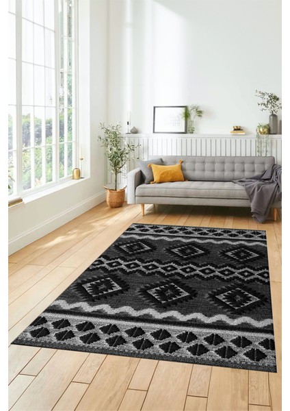 3D Baskılı Kaymaz Yıkanabilir Şık Kilim Desen Yolluk Mutfak Halısı Salon Halısı Modern-68-Antrasit