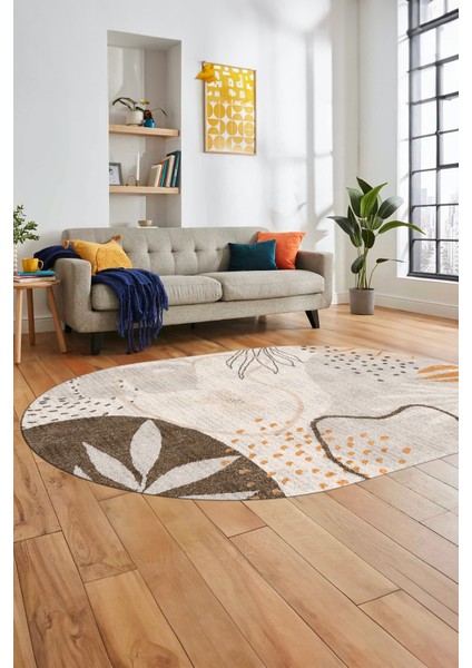 Yaprak Desen Modern Tasarım Dijital Kaymaz Yıkanabilir Oval Yolluk Salon Halısı O-Modern-79-Vizon