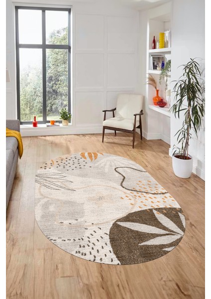 Yaprak Desen Modern Tasarım Dijital Kaymaz Yıkanabilir Oval Yolluk Salon Halısı O-Modern-79-Vizon fiyatları