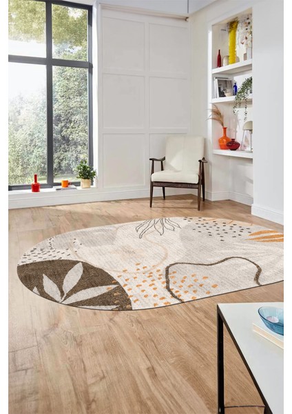 Yaprak Desen Modern Tasarım Dijital Kaymaz Yıkanabilir Oval Yolluk Salon Halısı O-Modern-79-Vizon modelleri