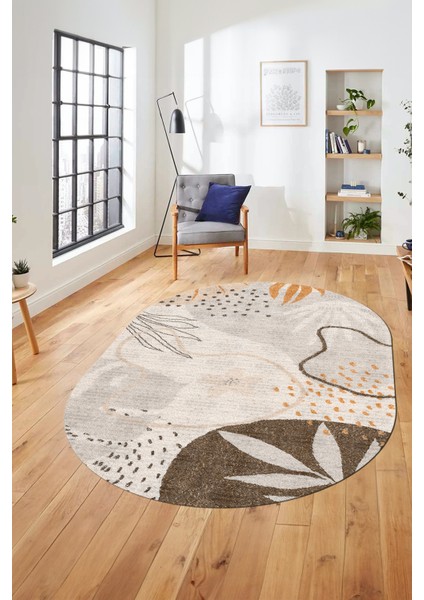 Yaprak Desen Modern Tasarım Dijital Kaymaz Yıkanabilir Oval Yolluk Salon Halısı O-Modern-79-Vizon fırsatları