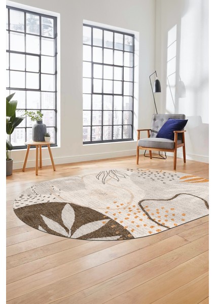 Yaprak Desen Modern Tasarım Dijital Kaymaz Yıkanabilir Oval Yolluk Salon Halısı O-Modern-79-Vizon indirimleri