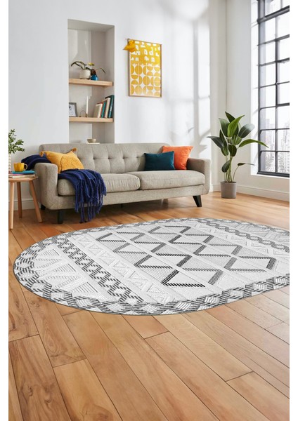 Kilim Desen Modern Tasarım Dijital Kaymaz Yıkanabilir Oval Yolluk Salon Halısı O-Modern-81-Gri