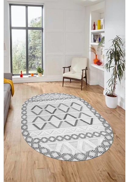 Kilim Desen Modern Tasarım Dijital Kaymaz Yıkanabilir Oval Yolluk Salon Halısı O-Modern-81-Gri