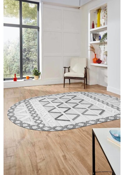 Kilim Desen Modern Tasarım Dijital Kaymaz Yıkanabilir Oval Yolluk Salon Halısı O-Modern-81-Gri