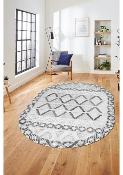 Kilim Desen Modern Tasarım Dijital Kaymaz Yıkanabilir Oval Yolluk Salon Halısı O-Modern-81-Gri