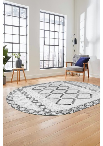 Kilim Desen Modern Tasarım Dijital Kaymaz Yıkanabilir Oval Yolluk Salon Halısı O-Modern-81-Gri