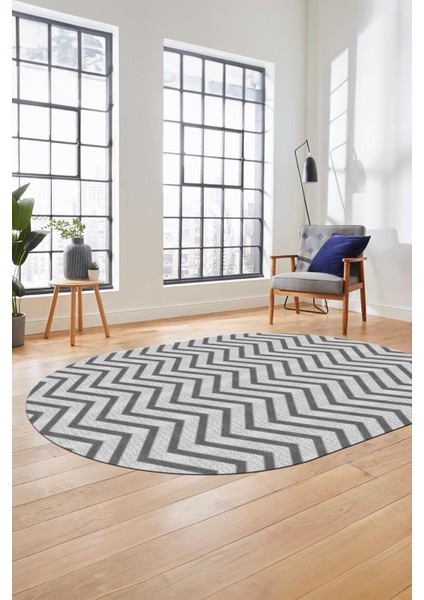 Zikzak Desen Baskılı Kaymaz Taban Yıkanabilir Modern Oval Yolluk Salon Halısı O-MODERN-102-GRİ fırsatları
