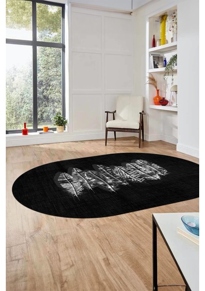Baskılı Kaymaz Yıkanabilir Modern Yaprak Desen Oval Yolluk Salon Halısı O-Modern-50-Antrasit