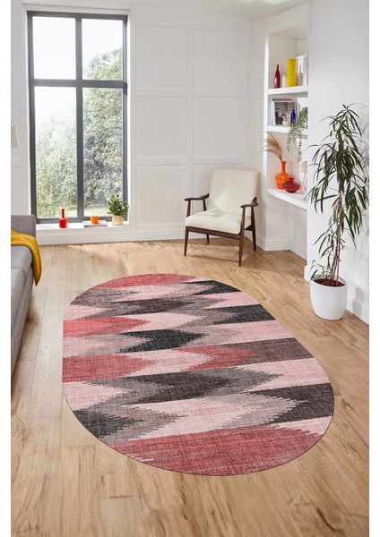 Renkli Desen Baskılı Kaymaz Taban Yıkanabilir Modern Oval Yolluk Salon Halısı O-MODERN-104-PEMBE