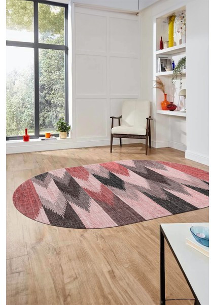 Renkli Desen Baskılı Kaymaz Taban Yıkanabilir Modern Oval Yolluk Salon Halısı O-MODERN-104-PEMBE fiyatları