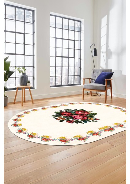 Modern Çiçek Dijital Kaymaz Yıkanabilir Oval Yolluk Mutfak Salon Halısı O-Modern-20-Krem