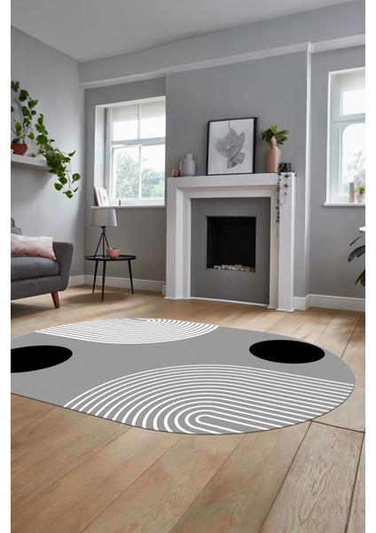 Baskılı Kaymaz Yıkanabilir Oval Koridor Halısı Mutfak Halısı Salon Halısı O-Modern-52-Gri