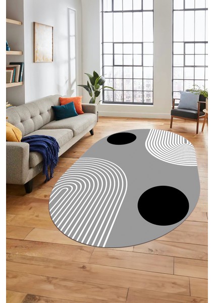 Baskılı Kaymaz Yıkanabilir Oval Koridor Halısı Mutfak Halısı Salon Halısı O-Modern-52-Gri