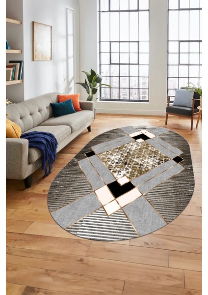 Şık Modern Desenli Dijital Kaymaz Yıkanabilir Oval Yolluk Mutfak Salon Halısı O-Modern-12-Kahve indirimleri