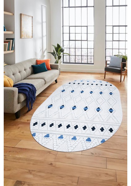 Baskılı Kaymaz Yıkanabilir Şık Kilim Desen Oval Yolluk Halısı Salon Halısı O-Modern-65-Mavi