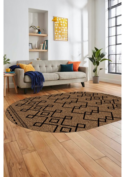 Sade Desen Özel Tasarım Dijital Kaymaz Yıkanabilir Oval Yolluk Salon Halısı O-Modern-87-Kahve