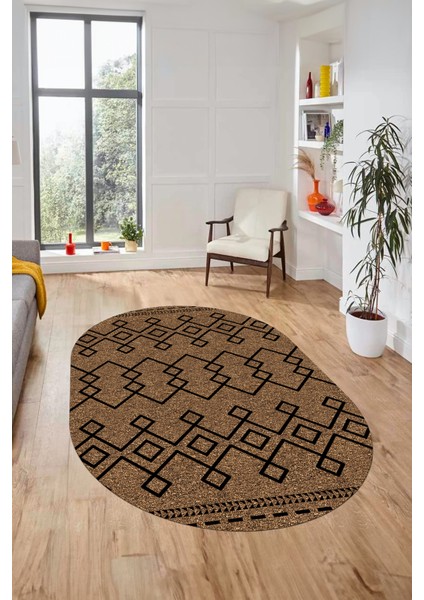 Sade Desen Özel Tasarım Dijital Kaymaz Yıkanabilir Oval Yolluk Salon Halısı O-Modern-87-Kahve fiyatları