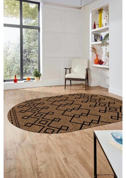 Sade Desen Özel Tasarım Dijital Kaymaz Yıkanabilir Oval Yolluk Salon Halısı O-Modern-87-Kahve modelleri