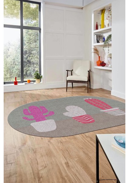 Kaktüs Desen Baskılı Kaymaz Taban Yıkanabilir Modern Oval Yolluk Salon Halısı O-MODERN-106-KIRMIZI