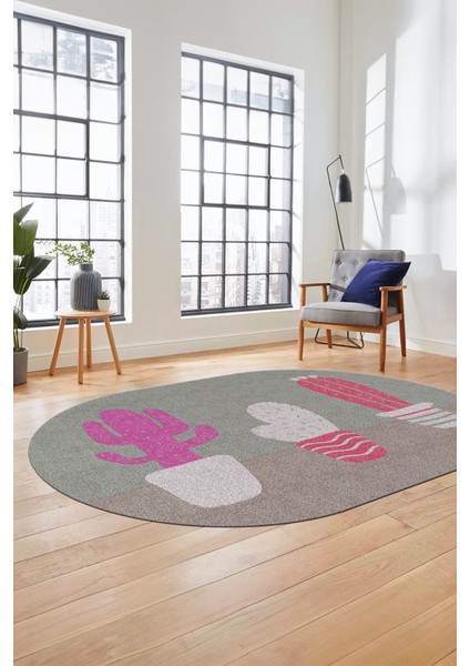 Kaktüs Desen Baskılı Kaymaz Taban Yıkanabilir Modern Oval Yolluk Salon Halısı O-MODERN-106-KIRMIZI modelleri