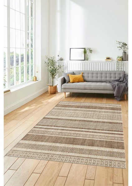 Modern Kilim Desenli Dijital Kaymaz Yıkanabilir Yolluk Mutfak Salon Halısı Modern-36-Krem