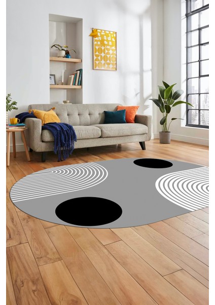 Baskılı Kaymaz Yıkanabilir Oval Koridor Halısı Mutfak Halısı Salon Halısı O-Modern-52-Gri