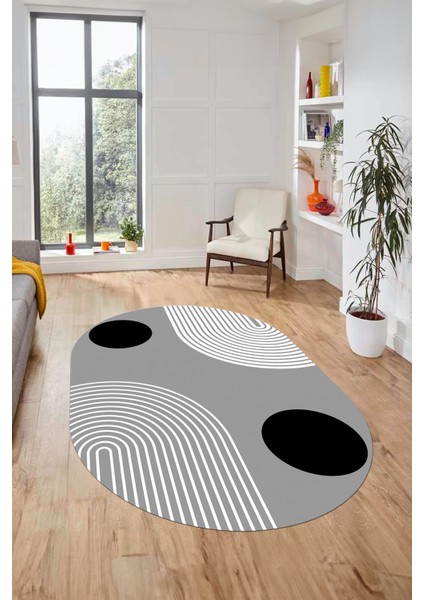 Baskılı Kaymaz Yıkanabilir Oval Koridor Halısı Mutfak Halısı Salon Halısı O-Modern-52-Gri